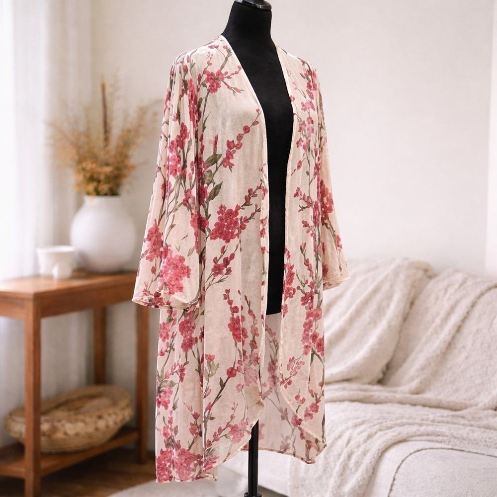 Floreat‎ Anthro Cherry Blossom Velvet Burnout Kimono Duster Boho Floral Luxe OS